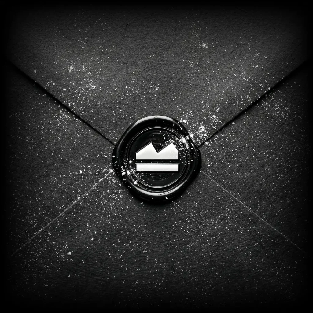 Nahaufnahme von einem schwarzen, mehlbestäubten Brief mit einem schwarz-weißen Wachsiegel in welchem man das Genusshöfe Logo sieht.